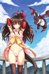 Rule 34 | 1girl, ahoge, armpits, arms behind head, babydoll, balcony, beatrice (soccer spirits), black thighhighs, blush, bow, bow panties, breasts, brown hair, cleavage, cloud, day, detached collar, detached sleeves, dragon, dragon girl, dragon tail, highleg, highleg panties, highres, horns, large breasts, long hair, mini dragon, monster girl, mountain, navel, original, outdoors, panties, serin199, sky, soccer spirits, solo, tail, thighhighs, underwear, white panties