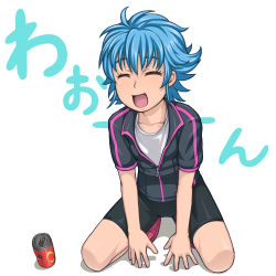 Rule 34 | 10s, 1girl, androgynous, bike shorts, blue hair, can, caryo, character name, drink can, eyelashes, jacket, kneeling, lowres, midori boushi, nishijima waon, open mouth, precure, short hair, simple background, smile, soda can, suite precure, tomboy, track jacket, white background
