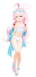 Rule 34 | 1girl, :d, ahoge, bad kim, bikini, bikini pull, blue-tinted eyewear, blue archive, blue eyes, blue jacket, blush, bow, clothes pull, commentary, contrapposto, fang, flat chest, footwear bow, frilled bikini, frills, full body, hair bobbles, hair ornament, halo, heterochromia, highres, hoshino (blue archive), hoshino (swimsuit) (blue archive), huge ahoge, jacket, legs, long hair, looking at viewer, low twintails, navel, off shoulder, open mouth, pink hair, sandals, simple background, smile, smug, solo, standing, stomach, swimsuit, tinted eyewear, twintails, wet, white background, white bikini, yellow eyes