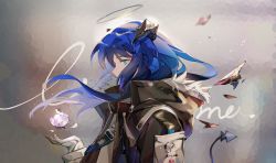 Rule 34 | 1girl, absurdres, arknights, black jacket, blue eyes, blue hair, chinese commentary, commentary, covered mouth, demon horns, demon tail, detached wings, floating hair, flower, from side, gloves, halo, highres, horns, jacket, layered clothes, long hair, looking at object, miermere, mostima (arknights), pink flower, profile, solo, tail, tsurime, upper body, white gloves, white jacket, wings, zipper