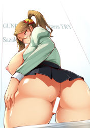 Rule 34 | 10s, 1girl, anus, ass, breasts, brown eyes, brown hair, censored, clothes pull, curvy, dean (momodean), gundam, gundam build fighters, gundam build fighters try, highres, huge ass, huge breasts, long hair, miniskirt, nipples, no bra, no panties, open clothes, open shirt, pantyhose, pantyhose pull, pussy, sazaki kaoruko, shirt, skirt, solo, thick thighs, thighs, twintails, white pantyhose