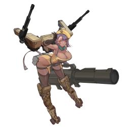 Rule 34 | 1girl, black thighhighs, breasts, cleavage, dark-skinned female, dark skin, facial mark, full body, game cg, gun, highres, huge weapon, large breasts, last origin, leotard, looking at viewer, machine gun, official art, one eye closed, purple hair, quick camel, rocket launcher, rorobomb, solo, tachi-e, thighhighs, transparent background, weapon, yellow eyes