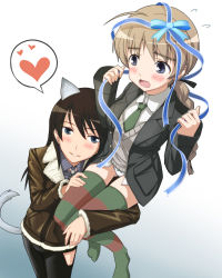 Rule 34 | 2girls, adolfine galland, animal ears, black hair, blue eyes, blush, braid, brown hair, carrying, heart, hi-ho-, hip vent, lynette bishop, military, military uniform, multiple girls, no pants, open mouth, panties, ribbon, single braid, sitting, sitting on shoulder, spoken heart, strike witches, strike witches zero, striped clothes, striped legwear, striped thighhighs, tail, thighhighs, underwear, uniform, world witches series, yuri