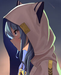 Rule 34 | 1girl, absurdres, animal hood, blue eyes, blue hair, blush, comet, commentary request, expressionless, from side, highres, hololive, hood, hood up, hoshimachi suisei, hoshimachi suisei (school uniform), kakinotane e, long hair, looking afar, solo, star (symbol), star in eye, symbol in eye, virtual youtuber