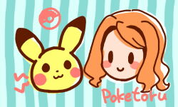 Rule 34 | 10s, 1girl, 1other, :&gt;, :3, amelia (pokemon), artist request, blush stickers, chibi, creatures (company), game freak, gen 1 pokemon, happy, long hair, nintendo, orange hair, pikachu, poke ball symbol, pokemon, pokemon shuffle, title, two-tone background