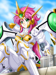 Rule 34 | 2girls, arm support, asymmetrical clothes, banpresto, blonde hair, giant, giantess, green eyes, headband, height difference, long hair, lune zoldark, majin go!, mecha, multiple girls, pink hair, robot, sitting, smile, super robot wars, super robot wars the lord of elemental, torn clothes, valsione, valsione r, very long hair
