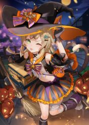 Rule 34 | 1girl, animal ears, bare shoulders, black gloves, box, breasts, broom, cat ears, cat tail, crop top, genshin impact, gloves, green eyes, hair ornament, halloween, highres, holding, holding box, jack-o&#039;-lantern, kirara (genshin impact), long hair, looking at viewer, midriff, multiple tails, navel, nima (niru54), skirt, small breasts, smile, solo, stomach, tail, tongue, tongue out, two tails
