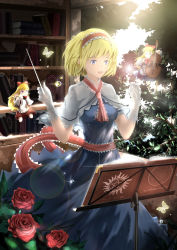 Rule 34 | 1girl, 2015, absurdres, alice margatroid, artist name, ascot, conductor baton, blonde hair, blue eyes, book, bookshelf, bow, bug, butterfly, capelet, cello, dated, dew drop, eyebrows, flower, flute, glint, gloves, hair bow, hairband, highres, insect, instrument, lens flare, long hair, magic circle, music, open mouth, pentagram, playing instrument, purple eyes, rika (4962416), rose, sash, shanghai doll, sheet music, short hair, touhou, violin, water drop