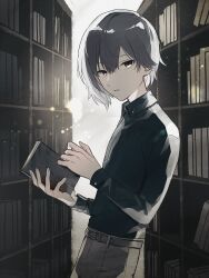 Rule 34 | 1boy, black shirt, book, bookshelf, collared shirt, commentary request, from side, grey eyes, grey hair, highres, holding, holding book, looking at viewer, makachandayo, male focus, original, shirt, solo, upper body