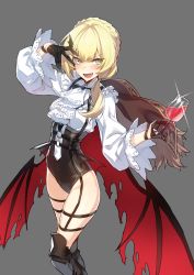 Rule 34 | 1girl, alcohol, alternate costume, alternate hairstyle, ascot, black gloves, blonde hair, boots, braid, cape, cup, demon wings, drinking glass, fang, frilled sleeves, frills, garter straps, girls&#039; frontline, glint, gloves, green eyes, grey background, halloween costume, hand over eye, highres, holding, holding cup, holding drinking glass, knee boots, leotard, long hair, long sleeves, looking at viewer, low ponytail, o-ring, simple background, solo, supernew, sweat, thigh strap, underbust, vampire, vampire costume, welrod mkii (girls&#039; frontline), wine, wine glass, wings, wristband