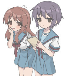 Rule 34 | 2girls, asahina mikuru, belt, blue belt, blue sailor collar, blue skirt, blush, book, brown eyes, brown hair, closed mouth, commentary request, expressionless, hand on own cheek, hand on own face, holding, holding book, kita high school uniform, long hair, looking at viewer, multiple girls, nagato yuki, nanonome, open mouth, pleated skirt, purple hair, reading, red ribbon, ribbon, sailor collar, school uniform, serafuku, shirt, short hair, short sleeves, sidelocks, simple background, skirt, standing, summer uniform, suzumiya haruhi no yuuutsu, tongue, white background, white shirt