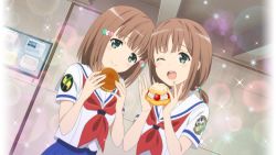 Rule 34 | 2girls, blush, brown hair, character request, food, game cg, green eyes, hair bobbles, hair ornament, hairclip, high school fleet, highres, kinesaki akane, kinesaki homare, looking at viewer, multiple girls, official art, one eye closed, open mouth, school uniform, short hair, siblings, sparkle, sweets, third-party source, twins