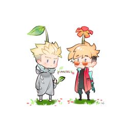 Rule 34 | 2boys, barefoot, blonde hair, blue eyes, boots, brothers, chibi, closed mouth, coat, commentary, earrings, flower, flower on head, frown, full body, glasses, grass, grey robe, hari1000bom, hood, hood down, jewelry, leaf, light smile, long sleeves, looking at viewer, male focus, millions knives, mole, mole under eye, multiple boys, orange-tinted eyewear, pants, parody request, petals, plant on head, prosthesis, prosthetic arm, red coat, red flower, robe, siblings, simple background, standing, symbol-only commentary, tinted eyewear, trigun, trigun stampede, twins, undercut, vash the stampede, white background