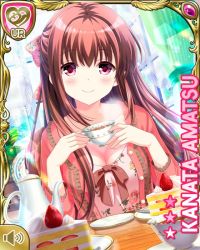 Rule 34 | 1girl, amatsu kanata, bow, brown hair, cake, card, character name, closed mouth, coat, day, dress, floral print, food, fruit, girlfriend (kari), indoors, long hair, official art, pink bow, pink coat, pink dress, plate, qp:flapper, red eyes, sitting, smile, solo, strawberry, table, tagme