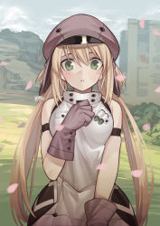 Rule 34 | 1girl, :&lt;, absurdres, artoria caster (fate), artoria caster (first ascension) (fate), artoria pendragon (fate), bare shoulders, blonde hair, blush, fate/grand order, fate (series), gloves, green eyes, grey gloves, grey hat, hair between eyes, hat, highres, long hair, looking at viewer, low twintails, nao (syn eaa), outdoors, petals, solo, twintails, very long hair