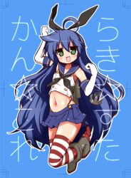 Rule 34 | 1girl, :d, ahoge, anchor hair ornament, bad id, bad pixiv id, blue background, blue hair, blue skirt, blush, cosplay, crossover, elbow gloves, gloves, green eyes, hair ornament, hairband, highres, izumi konata, kantai collection, long hair, looking at viewer, lucky star, mizushima (p201112), mole, mole under eye, navel, open mouth, patterned legwear, shimakaze (kancolle), shimakaze (kancolle) (cosplay), simple background, skirt, smile, solo, striped clothes, striped thighhighs, thighhighs, very long hair, white gloves