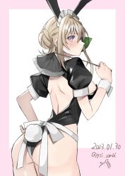 Rule 34 | 1girl, alternate costume, animal ears, ass, black leotard, blonde hair, blush, breasts, closed mouth, cowboy shot, dated, enmaided, fake animal ears, fake tail, hair between eyes, highres, kantai collection, large breasts, leotard, maid, maid headdress, one-hour drawing challenge, perth (kancolle), puffy short sleeves, puffy sleeves, purple eyes, rabbit ears, rabbit tail, short hair, short sleeves, sidelocks, signature, solo, strapless, strapless leotard, tail, toriniku senshi chikinman, twitter username, wrist cuffs