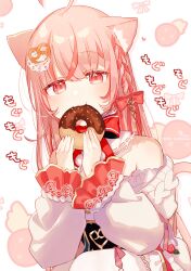Rule 34 | 1girl, absurdres, ahoge, animal ear fluff, animal ears, bare shoulders, blush, braid, cat ears, cat girl, cat tail, commentary request, doughnut, eating, food, hair between eyes, hair ornament, hands up, highres, holding, holding food, long sleeves, mole, mole under eye, multicolored hair, off-shoulder shirt, off shoulder, original, pink hair, puffy long sleeves, puffy sleeves, red eyes, red hair, shirt, simple background, sleeves past wrists, sofra, solo, streaked hair, tail, thighhighs, translation request, white background, white shirt, white thighhighs