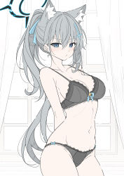 Rule 34 | 1girl, alternate hairstyle, animal ear fluff, animal ears, arms behind back, black bra, black panties, blue archive, blue eyes, blush, bra, breasts, closed mouth, collarbone, cowboy shot, cross hair ornament, dark halo, extra ears, grey hair, groin, hair ornament, halo, highres, large breasts, long hair, looking at viewer, masabodo, navel, panties, ponytail, shiroko (blue archive), shiroko terror (blue archive), solo, underwear, underwear only, wolf ears