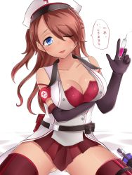Rule 34 | 1girl, armband, blue eyes, breast hold, breasts, brown hair, bustier, cleavage, commentary request, cowboy shot, elbow gloves, gloves, gluteal fold, hair over one eye, hat, heart, highres, large breasts, long hair, neit ni sei, nurse, nurse cap, one eye closed, open mouth, original, pleated skirt, shiny skin, sidelocks, sitting, skirt, skull, smile, solo, spoken heart, spread legs, sweat, syringe, thighhighs, translation request, vest, white background