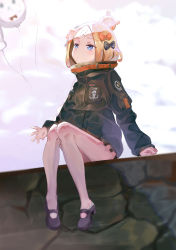 Rule 34 | abigail williams (fate), abigail williams (traveling outfit) (fate), alternate hairstyle, balloon, bandaid, bandaid on face, bandaid on forehead, belt, black bow, black footwear, black hat, black jacket, blonde hair, blue eyes, bow, crossed bandaids, fate/grand order, fate (series), forehead, fou (fate), full body, hair bow, hair bun, hat, heroic spirit traveling outfit, high collar, highres, jacket, knees together feet apart, legs, long hair, looking up, no pants, official alternate costume, orange bow, outdoors, parted bangs, patch, polka dot, polka dot bow, single hair bun, sitting, solo, yonago miko