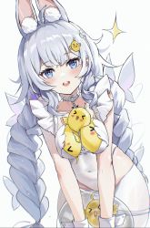 Rule 34 | 1girl, absurdres, animal ears, azur lane, bare arms, blue eyes, blush, braid, breast padding, breasts, di qi gang guang, fake animal ears, hair ornament, hairclip, highres, jewelry, le malin (azur lane), le malin (listless lapin) (azur lane), leotard, long hair, looking at viewer, manjuu (azur lane), neck ring, official alternate costume, open mouth, pantyhose, playboy bunny, rabbit ears, scrunchie, silver hair, simple background, small breasts, solo, star-shaped pupils, star (symbol), symbol-shaped pupils, twin braids, twintails, very long hair, white pantyhose, wrist scrunchie