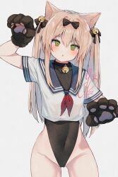Rule 34 | 1girl, :o, animal ears, animal hands, arm up, bare hips, bell, black bow, black collar, black leotard, blue sailor collar, blush, bow, cat ears, collar, commentary, covered navel, cropped legs, girls&#039; frontline, gloves, green eyes, grey background, groin, hair bell, hair between eyes, hair bow, hair intakes, hair ornament, head tilt, highleg, highleg leotard, highres, leotard, long hair, looking at viewer, neck bell, no pants, open mouth, paw gloves, paw pose, pink hair, sailor collar, school uniform, serafuku, shirt, short sleeves, signature, simple background, sleeveless turtleneck leotard, solo, thighs, tmp (girls&#039; frontline), tmp (meow prism power) (girls&#039; frontline), two side up, white shirt, youthpaint