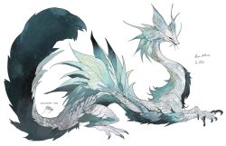 Rule 34 | alternate color, animal focus, blue tongue, claws, colored tongue, dragon, fins, from side, full body, head fins, highres, kamikiririp, mizutsune, monster hunter (series), no humans, open mouth, profile, sharp teeth, signature, simple background, solo, tail, teeth, twitter username, white background