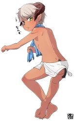 Rule 34 | 1boy, barefoot, blush, child, demon, demon boy, feet, horns, kaminosaki, looking at viewer, male focus, pointy ears, silver hair, simple background, solo, sweat, tan, toes, white background, yellow eyes
