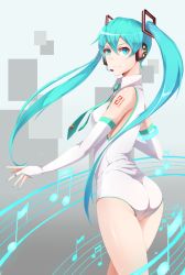 Rule 34 | 1girl, aqua eyes, aqua hair, ass, bare shoulders, bridal gauntlets, from behind, hatsune miku, headset, highres, leotard, long hair, looking back, musical note, necktie, smile, solo, taizi, tattoo, twintails, very long hair, vocaloid