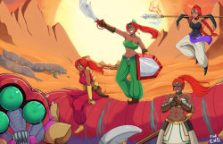 Rule 34 | 4girls, abs, absurdres, afrobull, arrow (projectile), bare shoulders, blood, blue blood, boots, bow, breasts, cleavage cutout, clothing cutout, colored blood, dagger, dark-skinned female, dark skin, desert, fire, floating, gerudo, gloves, gold gauntlets, green blood, highres, ice, knife, lance, large breasts, levitation, long hair, looking at viewer, looking away, looking to the side, looking up, mirror shield, monster, multicolored blood, multiple girls, muscular, muscular arms, muscular female, nintendo, pants, polearm, red hair, scimitar, serious, shield, short hair, silver gauntlets, smile, steam, sun, sword, the legend of zelda, the legend of zelda: majora&#039;s mask, the legend of zelda: ocarina of time, trident, twinmold, very dark skin, water, water drop, weapon, yellow eyes