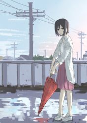 Rule 34 | 1girl, black eyes, blue sky, brown hair, coat, grey coat, holding, holding umbrella, long sleeves, looking at viewer, open clothes, open coat, parted lips, pink skirt, pleated skirt, power lines, puddle, red umbrella, shirt, short hair, skirt, sky, solo, standing, umbrella, umiroku, utility pole, white footwear, white shirt