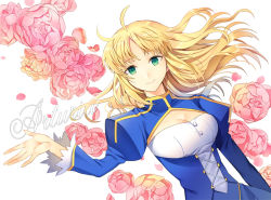 Rule 34 | ahoge, artoria pendragon (all), artoria pendragon (fate), bad id, bad pixiv id, blonde hair, breasts, character name, cleavage, cleavage cutout, clothing cutout, dress, ells, fate/stay night, fate (series), flower, frilled sleeves, frills, green eyes, long hair, petals, rose, rose petals, saber (fate), solo, white background