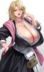 Rule 34 | 1girl, black kimono, bleach, bleach: sennen kessen-hen, blonde hair, blue eyes, blush, breasts, cleavage, collarbone, hair between eyes, hand on own hip, highres, huge breasts, japanese clothes, jewelry, kimono, lips, looking at viewer, matsumoto rangiku, mole, mole under mouth, necklace, no bra, open mouth, shiny skin, solo, standing, tongue, yoohi