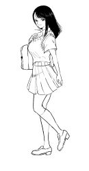 Rule 34 | 1girl, alternate costume, bag, breasts, commentary request, contemporary, from side, highres, holding, holding bag, large breasts, loafers, looking at viewer, miniskirt, monochrome, mugicha (zoro1132), nico robin, one piece, pleated skirt, school bag, school uniform, shoes, skirt, solo, sweater vest