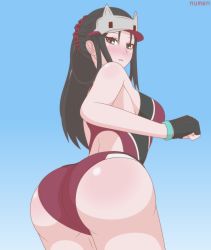 Rule 34 | 1girl, absurdres, ass, bare shoulders, black hair, blush, breasts, brown eyes, competition swimsuit, fingerless gloves, from behind, gloves, hat, highres, huge ass, kai schren, large breasts, long hair, looking at viewer, looking back, numen, one-piece swimsuit, parted lips, senjou no valkyria (series), senjou no valkyria 4, shiny skin, sideboob, smile, solo, swimsuit, visor