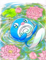 Rule 34 | creatures (company), flower, full body, game freak, gen 1 pokemon, highres, looking at viewer, lotus, lotus leaf, nintendo, no humans, pink flower, pokemon, pokemon (creature), poliwag, ranklby 19, ripples, solo, water