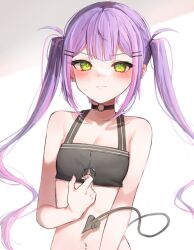 Rule 34 | 1girl, barbell piercing, bare arms, bare shoulders, black choker, black tank top, blush, choker, commentary, crop top, demon tail, ear piercing, green eyes, hair ornament, hairclip, hololive, koumimi, long hair, looking at viewer, multicolored hair, navel, navel piercing, o-ring, o-ring choker, piercing, pink hair, purple hair, sidelocks, solo, streaked hair, tail, tail ornament, tail piercing, tank top, tokoyami towa, twintails, unzipping, virtual youtuber, zipper