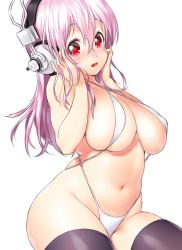 Rule 34 | 1girl, bare arms, bare shoulders, bikini, black thighhighs, blush, breasts, cleavage, commentary request, curvy, embarrassed, hair between eyes, halterneck, hands on own face, headphones, highres, large breasts, long hair, looking at viewer, navel, nitroplus, onsoku inu, open mouth, parted lips, pink hair, purple thighhighs, red eyes, revealing clothes, simple background, sitting, skindentation, slingshot swimsuit, solo, super sonico, swimsuit, thighhighs, white background, white bikini