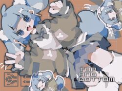 Rule 34 | 1girl, @ @, absurdres, animal ears, animal feet, blue eyes, blue hair, blue serafuku, bone hair ornament, brown background, chibi, chibi inset, dog ears, dog girl, dog tail, drooling, fang, full body, green jacket, grid background, hair ornament, hands up, highres, jacket, long sleeves, looking at viewer, mouth drool, nikamoka, notice lines, open clothes, open jacket, open mouth, original, pleated skirt, pom pom (clothes), pom pom hair ornament, school uniform, serafuku, short eyebrows, short hair, sidelocks, skirt, sleeves past wrists, tail, tape, v