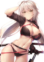 Rule 34 | 1girl, ahoge, bikini, black bikini, black jacket, blush, breasts, choker, cleavage, closed mouth, collarbone, commentary, cowboy shot, cropped jacket, day, fate/grand order, fate (series), gloves, gluteal fold, groin, hair between eyes, hand on own head, highres, hip focus, holding, holding weapon, jacket, jeanne d&#039;arc alter (swimsuit berserker) (fate), jeanne d&#039;arc (fate), jeanne d&#039;arc alter (fate), jeanne d&#039;arc alter (swimsuit berserker) (fate), katana, large breasts, long hair, looking at viewer, motokonut, multiple swords, navel, o-ring, o-ring bikini, sheath, sheathed, shrug (clothing), sidelocks, simple background, skindentation, solo, stomach, swimsuit, sword, thighs, very long hair, weapon, white background, yellow eyes
