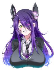 Rule 34 | 10s, 1girl, alternate hair length, alternate hairstyle, blush, breasts, eyepatch, headgear, kantai collection, large breasts, long hair, looking at viewer, necktie, perepere-kun, purple hair, simple background, smile, solo, tenryuu (kancolle), upper body, white background, yellow eyes