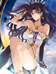 Rule 34 | anklet, arm up, armlet, asymmetrical legwear, asymmetrical sleeves, bare shoulders, black ribbon, closed mouth, crown, detached collar, earrings, elbow gloves, fate/grand order, fate (series), gloves, hair ribbon, highres, hoop earrings, hoshi rasuku, ishtar (fate), jewelry, long hair, neck ring, parted bangs, red eyes, ribbon, single elbow glove, single thighhigh, sitting, smile, thighhighs, tiara, two side up, uneven legwear, uneven sleeves