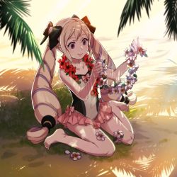 Rule 34 | 1girl, barefoot, beach, blonde hair, bow, collarbone, covered navel, drill hair, elise (fire emblem), elise (summer) (fire emblem), feet, fire emblem, fire emblem fates, flat chest, flower, flower necklace, frilled swimsuit, frills, hair bow, hair ribbon, jewelry, kozaki yuusuke, lei, necklace, nintendo, official art, one-piece swimsuit, palm tree, purple eyes, ribbon, sand, shade, sitting, smile, solo, swimsuit, toes, tree, tree shade, twin drills, twintails, wariza