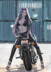 Rule 34 | 1girl, absurdres, bikini, bikini top only, black bikini, black pants, blush, breasts, chinese commentary, cleavage, denim, fate (series), gorgon (fate), high heels, highres, jeans, jian huang, long hair, looking at viewer, medium breasts, medusa (fate), medusa (rider) (fate), motor vehicle, motorcycle, pants, pink eyes, purple hair, rider, sitting, solo, square pupils, swimsuit, tongue, tongue out, very long hair