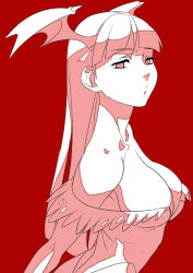 Rule 34 | 1girl, breasts, capcom, cleavage, head wings, large breasts, monochrome, morrigan aensland, nanboku, pantyhose, red background, red theme, solo, vampire (game), wings