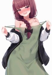 Rule 34 | :d, bitseon, blush, bocchi the rock!, braid, braided ponytail, commentary, dress, green dress, grey background, highres, hiroi kikuri, long hair, looking at viewer, open mouth, red hair, simple background, smile