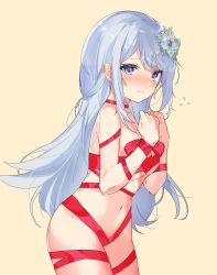 Rule 34 | 1girl, ban hada, blue eyes, blush, breasts, choker, cleavage, clenched hands, commentary, commission, embarrassed, english commentary, eyeshadow, hair behind ear, highres, kjo (kjobutcool), leaning forward, long hair, makeup, medium breasts, naked ribbon, navel, nijisanji, nijisanji kr, red choker, red ribbon, ribbon, second-party source, solo, virtual youtuber, yellow background