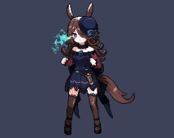 1girl animal_ears bare_shoulders black_background black_dress black_hat brown_hair brown_thighhighs clenched_hands closed_mouth commentary_request dagger dress energy eye_trail full_body hair_over_one_eye hat horse_ears horse_girl horse_tail knife korean_commentary lace_trim light_trail long_hair long_sleeves off_shoulder one_eye_covered pixel_art purple_eyes rice_shower_(umamusume) sheath sheathed short_dress simple_background solo standing tail terishe thighhighs umamusume weapon