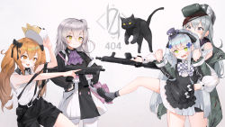 Rule 34 | 404 (girls&#039; frontline), 404 logo (girls&#039; frontline), 4girls, :3, :d, absurdres, aged down, alternate costume, animal, animal bag, apron, ascot, assault rifle, bag, bare arms, bare shoulders, black apron, black bow, black cat, black dress, black footwear, black hairband, black shorts, blouse, blunt bangs, blush, bow, brown eyes, brown hair, cat, closed mouth, collared shirt, commentary, dduck kong, dog mask, dress, dress shirt, facial mark, flat cap, frilled apron, frills, g11 (girls&#039; frontline), girls&#039; frontline, gradient background, green eyes, green headwear, green jacket, grey background, grey eyes, grey hair, grey legwear, gun, h&amp;k hk416, h&amp;k ump, h&amp;k ump, hair between eyes, hair bow, hair ornament, hairband, hairclip, hands on own hips, hat, highres, hk416 (black kitty&#039;s gift) (girls&#039; frontline), hk416 (girls&#039; frontline), holding, holding gun, holding mask, holding weapon, jacket, locked arms, long hair, long sleeves, looking at viewer, mask, unworn mask, mini hat, multiple girls, name connection, object namesake, official alternate costume, one side up, open clothes, open jacket, open mouth, outstretched arm, pantyhose, pleated skirt, puffy long sleeves, puffy sleeves, purple ascot, purple headwear, restrained, ribbed legwear, ribbon, rifle, scar, scar across eye, scar on face, shirt, shoes, short shorts, shorts, shoulder bag, skirt, sleeveless, sleeveless shirt, smile, smug, socks, standing, standing on one leg, submachine gun, suspender shorts, suspenders, table, teardrop, tilted headwear, twintails, ump45 (agent lop rabbit) (girls&#039; frontline), ump45 (girls&#039; frontline), ump9 (girls&#039; frontline), ump9 (shiba investigator) (girls&#039; frontline), very long hair, weapon, white background, white dress, white legwear, white shirt, white skirt, yellow eyes